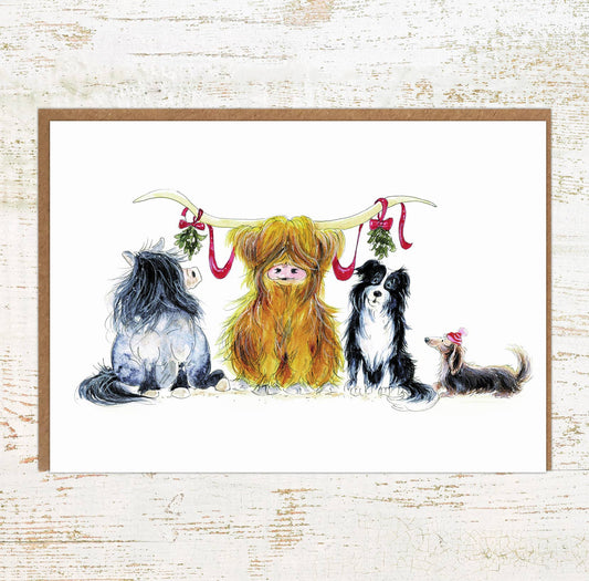 Highland Mistletoe – A6 Highland Cow, Pony & Dogs Christmas Card - The Horse Shop AU